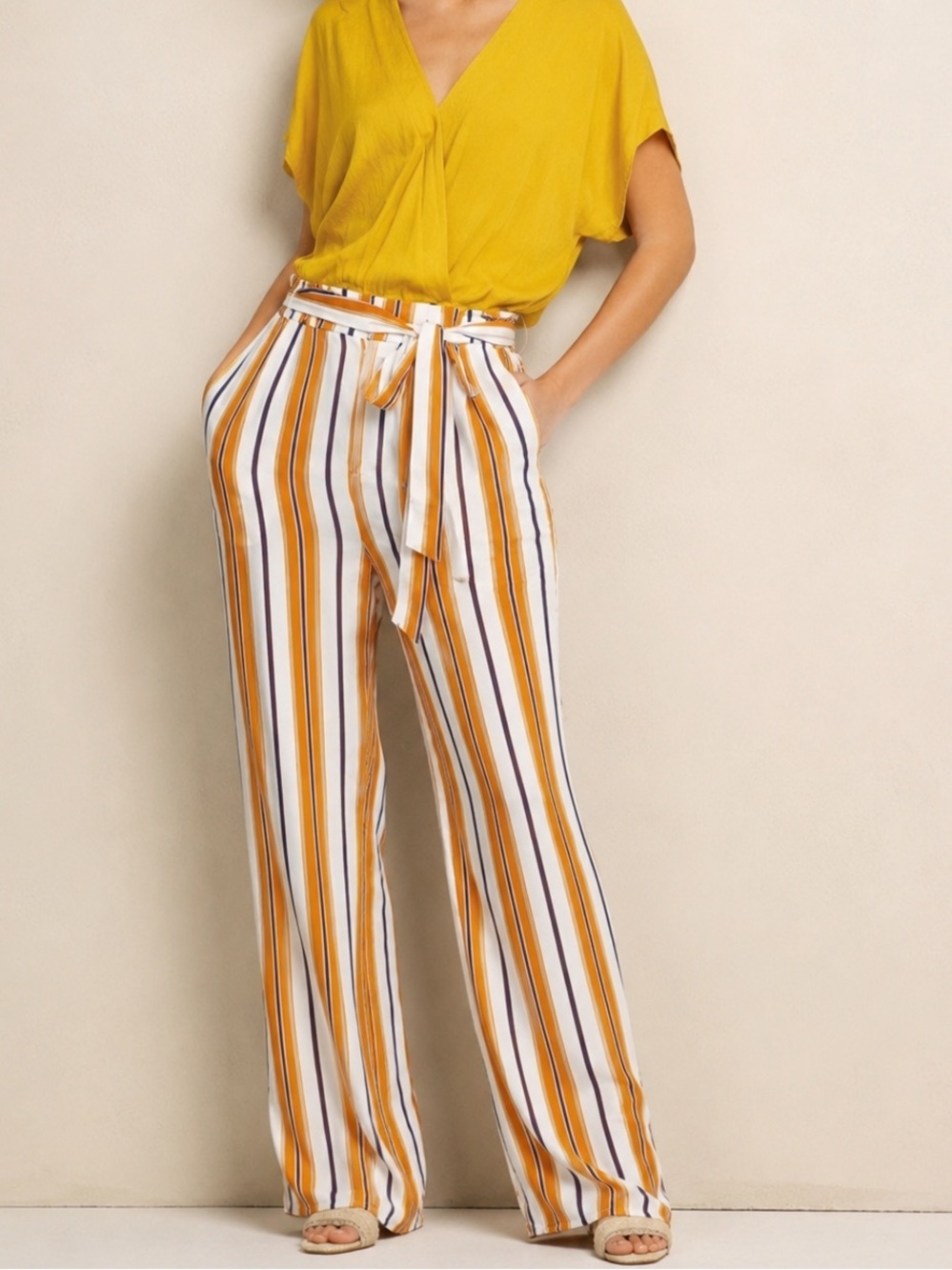 Forever 21 White Orange Striped Viscose High Rise Wide Leg Trousers Pants